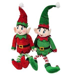 Plush Christmas Red and Green Elf Set, Striped Leggings, Adjustable Elf Hat